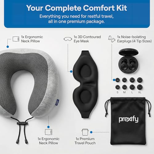 Must-Have Travel Kit Memory Foam Neck Pillow with Adjustable Fit & Removable Cover, 3D Contoured Sleep Mask, Reusable Noise-Reducing Earplugs & Storage Bag, Perfect Travel Essentials Set