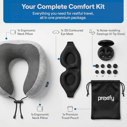 Must-Have Travel Kit Memory Foam Neck Pillow with Adjustable Fit & Removable Cover, 3D Contoured Sleep Mask, Reusable Noise-Reducing Earplugs & Storage Bag, Perfect Travel Essentials Set