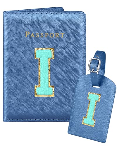 Slohif Passport Holder Initial Lugguage Tag Set Suitcase Cover Wallet Case for Travel Women - Leather Letter Passport Book Personalized Organizer Card Protector Sleeve Essentials Slim Carrier Blue I - color: Blue, style: I