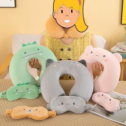 Kids Neck Pillow for Travel with Sleep Eye Mask, Cute Travel Neck Pillow, Memory Foam Flight Sleeping Headrest Pillow for Boys & Girls, Airplane, Train, Car, Home Use - Green Dinosaur - color: Green Dinosaur