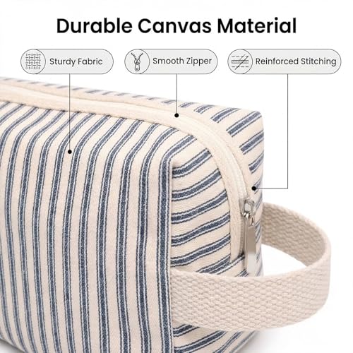 3 Pcs Canvas Makeup Bag Set Cosmetic Pouch for Women Travel Toiletry Bag Cute Makeup Organizer Purse Pouch Preppy Pencil Case with Zipper (Blue Pinstripes) - color: Blue Pinstripes