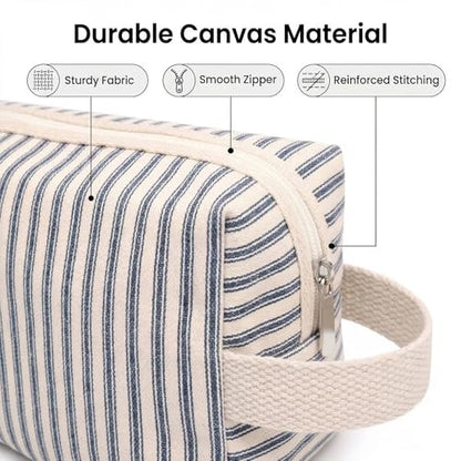 3 Pcs Canvas Makeup Bag Set Cosmetic Pouch for Women Travel Toiletry Bag Cute Makeup Organizer Purse Pouch Preppy Pencil Case with Zipper (Blue Pinstripes) - color: Blue Pinstripes
