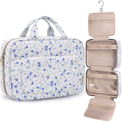BAGSMART Toiletry Bag Travel Bag with Hanging Hook, Water-resistant Makeup Cosmetic Bag Travel Organizer for Accessories, Shampoo, Full-size Container, Toiletries (Blue Ditsy Floral, Large) - color: Blue Ditsy Floral, size: Large