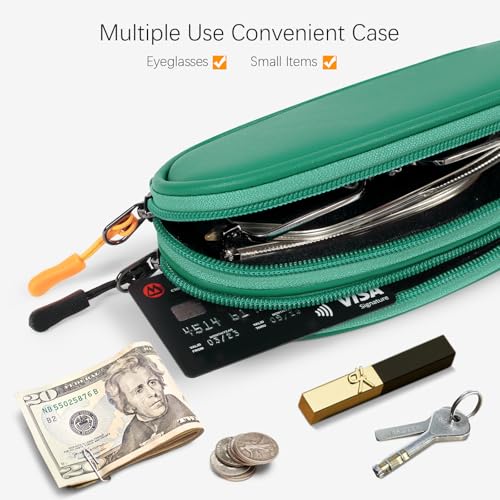 Double Eyeglasses Case Soft Portable Zipper Sunglasses Pouch with Keychain Clip for Men Women - color: Green Pu