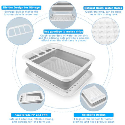 Collapsible Dish Drying Rack Portable Dish Drainers for Kitchen Counter with Drainboard, Kitchen Sink Organizer Basket RV Accessories Camper Storage and Organization Dish Rack Over Sink Drying Rack - style: With Tray