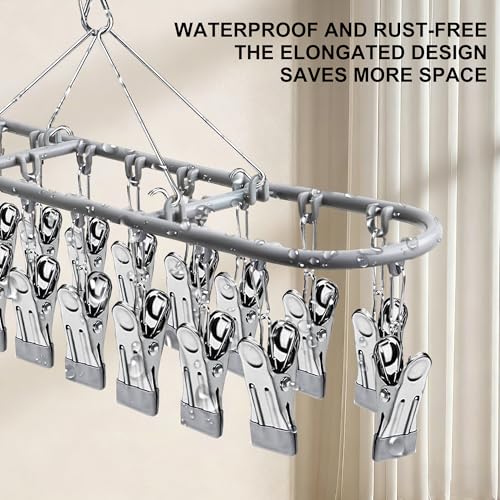 PHYDELU Drying Rack Clothing with 20 Clips，Sock Hanger for Drying，Hanging Clothes Dryer Underwear Hangers Racks Laundry Herb Socks Panty Wet Bra Lingerie Baby Delicates Foldable Small Indoor Metal - color: Dark Gray (20 Clips)