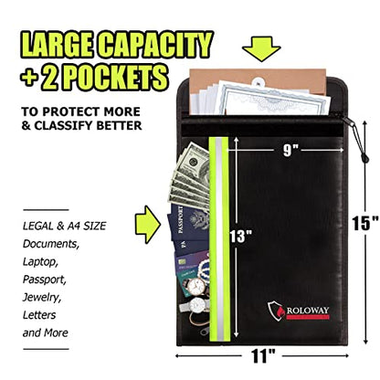 ROLOWAY Fireproof Envelope for Cash, Legal Documents Safe (15 x 11 inch) with 2 Pockets & Waterproof Zipper, Black - size: 15 x 11 inch, style: Black Fireproof Bag
