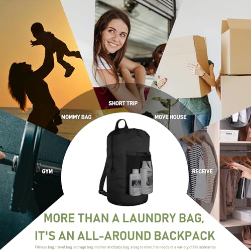Laundry Bag Backpack, Large Travel Laundry Bags with Shoulder Straps & Mesh Pocket Durable Polyster Clothes Hamper Bag for College Laundromat Apartment (Black, Large) - color: Black, size: Large