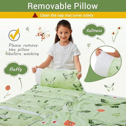 Lasoftan Toddler Nap Mat with Pillow and Blanket, Extra Large Rolled Napping Mats,Slumber Bags for Boys Girls,Kids Sleeping Bag for Daycare, Preschool Travel Camping - color: Green Butterfly