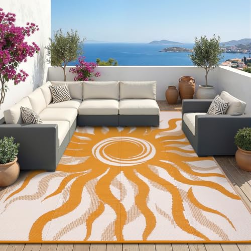 Garvee Outdoor Rug 6x9 Waterproof Patio Rugs with Boho Sun Pattern, Reversible Plastic Straw Camping Rugs Outdoor Indoor RV Mat Carpet for Deck, Backyard, Picnic, Porch, Balcony, Beach, Orange - color: Orange, size: 6' x 9' (Rectangular)