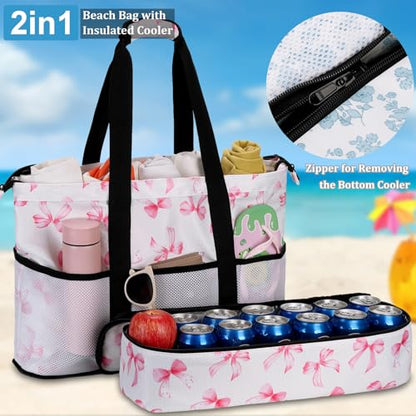 JIANYA Beach Bag Women Waterproof Sandproof Beach Tote Bags with Cooler Top Zipper Large Totes for Pool Travel Daily - color: Pink Bow