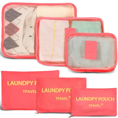 6 Set Packing Cubes for Travel Luggage Organizer Bags Reusable washable Suitcase Packing Cubes Set Travel Accessories Essentials (Watermelon Red‌) - color: Watermelon Red