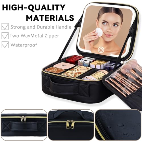 Makeup Bag with LED Mirror, Three-level Adjustable Brightness, Travel Makeup Case with Removable Lighted Mirror, Adjustable Dividers and Brush Storage Board