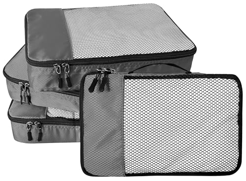 WTREE 4-Piece Packing Cubes Travel Accessories Set for Suitcases - Luggage Organizer Bags with Double Zipper - Mesh Top - Large - Dark Grey - color: Dark Grey, size: Large