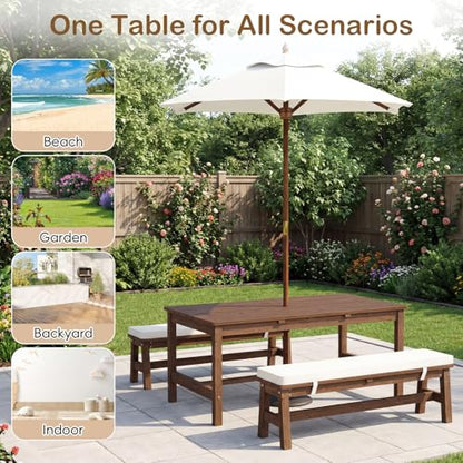 Olakids Kids Picnic Table, Outdoor Wooden Bench Set with Removable Cushions Adjustable Foldable Umbrella, Toddler Backyard Furniture for Patio Garden
