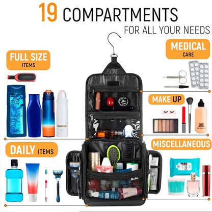 AvaJex Travel Toiletry Bag for Men - Large Dopp Kit (10.6"x10.6"x3.2") - Hanging Waterproof Mens Hygiene Organizer Bag with XXL Metal Swivel Hook, Sturdy Zippers and 19 Compartments for Toiletries - color: L Jet Black