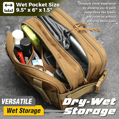 DBTAC Tactical Toiletry Bag w/Electronic Organizer Compartment | Dry/Wet Separate Hygiene Bag, Expanded Travel Dopp Kit Shaving Kit Travel shower Bag for Men (Brown) - color: Elite Brown