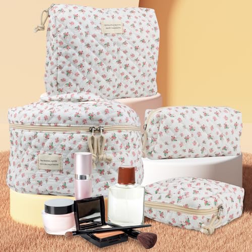 NATINSA Cute Makeup Bag for Women(2 Pcs), Travel Cosmetic Bags, Quilted Coquette Aesthetic Floral Toiletry Organizer Bag (42 - Red Rose/4PCS) - color: 42 - Red Rose/4PCS