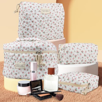 NATINSA Cute Makeup Bag for Women(2 Pcs), Travel Cosmetic Bags, Quilted Coquette Aesthetic Floral Toiletry Organizer Bag (42 - Red Rose/4PCS) - color: 42 - Red Rose/4PCS