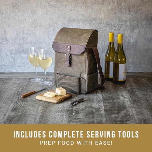PICNIC TIME 2 Bottle Insulated Wine Bag with Cheese Board and Knife Set - Wine Picnic Bag - Distressed Waxed Canvas Wine Tote, (Khaki Green with Brown Accents) - color: Khaki Green With Brown Accents