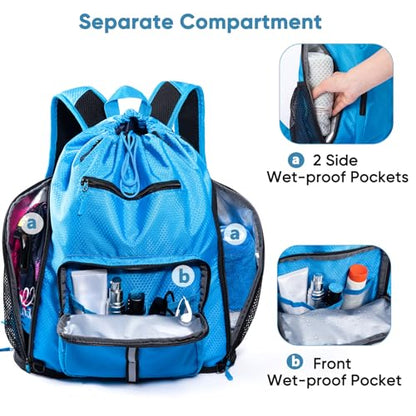 Large Beach Backpack Waterproof Sandproof - Customized Oversized Drawstring Pool Bag with Shoe Compartment for Toiletries, Towels, Gym, Travel - color: Blue