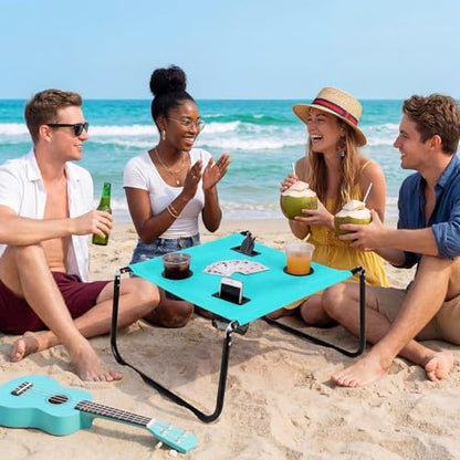 Portable Beach Table Foldable Camping Picnic Table with Cup Holder and Phone Pockets Lightweight Stable for Tailgate Travel Fishing Hiking and Outdoor Adventures(Lake Blue,Solid Pattern) - color: Lake Blue