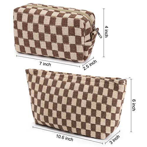 SOIDRAM 2 Pieces Makeup Bag Large Checkered Cosmetic Bag Capacity Canvas Mix Travel Toiletry Bag Organizer Cute Makeup Brushes Aesthetic Accessories Storage Bag for Women, Checkered Mix Brown - color: Brown