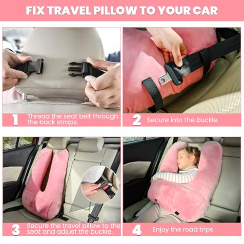 Travel Pillow, Car Pillow for Kids & Adults, Kid Travel Sleeping Pillows for Neck & Body Support, Car Travel Essentials Pillow on Road Trips, Pink - color: Pink