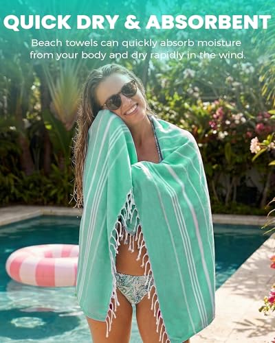 Turkish Beach Towels Quick Dry Sand Free Soft Absorbent Adult Oversized Bath Pool Swim Long Stripe Towel Sound Cloud Sandfree Chamois Mat Summer Thing Lightweight Thin Mint Green Vacation Essentials - color: Thinner Mint, size: 72 x 36 inch