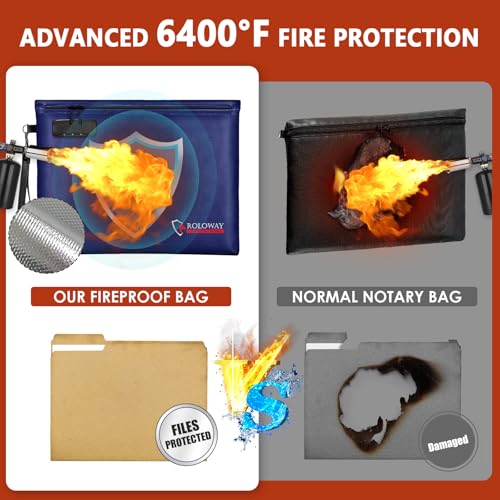 ROLOWAY Fireproof Document Bag (14.5 x 11.5 inch), 6400℉ Fireproof Money Bag with Zipper for Cash, Fire Safe Money Pouch with Lock (Blue) - color: Blue