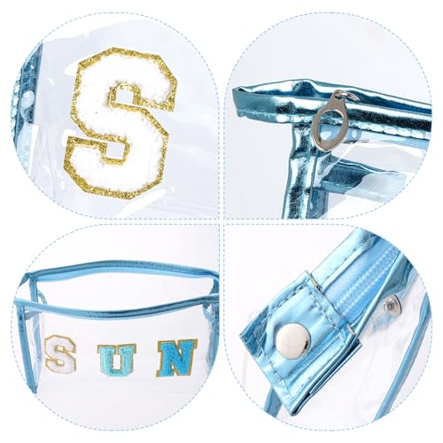 Clear Preppy Patch Cosmetic Bag, Sun Chenille Letter Bag for Beach, Clear Travel Pouch with Zipper, Small Toiletry Bag for Women Girls Teens Gift (Blue) - color: Blue