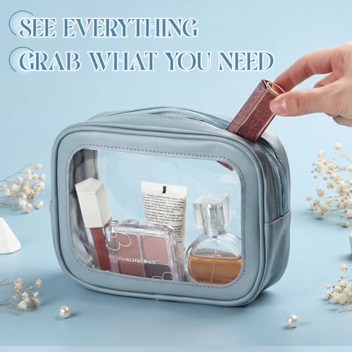 Abbylike 4 Pcs Blue Clear Makeup Bag PU Leather Tsa Approved Toiletry Bag with Zipper Transparent Waterproof Portable Cosmetic Bags Travel Car Clear Organizer Bags for Women Girls Mother's Day - color: Blue