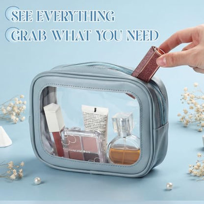 Abbylike 4 Pcs Blue Clear Makeup Bag PU Leather Tsa Approved Toiletry Bag with Zipper Transparent Waterproof Portable Cosmetic Bags Travel Car Clear Organizer Bags for Women Girls Mother's Day - color: Blue