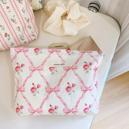 Wudygirl Makeup Bag Cosmetic Bag for Women Pink Pow Makeup Pouch Cute Makeup Organizer Portable Handbag Toiletry Bag Large Capacity Zipper Pouch (Pink Pow) - color: Pink Bow