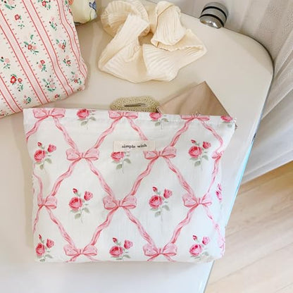 Wudygirl Makeup Bag Cosmetic Bag for Women Pink Pow Makeup Pouch Cute Makeup Organizer Portable Handbag Toiletry Bag Large Capacity Zipper Pouch (Pink Pow) - color: Pink Bow