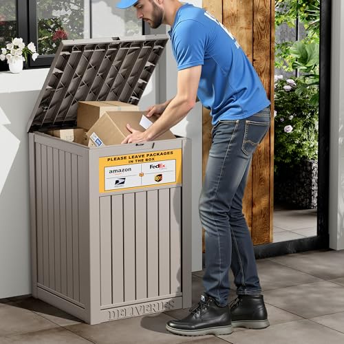 Package Delivery Box for Outside with Sign, Secure Lockable Waterproof Package Delivery Container, Resin Deck Box for Porch & Garden, Grey - color: 021 Grey