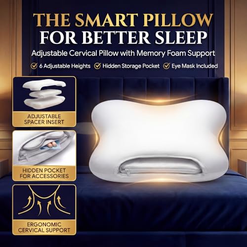 Low-Profile Cervical Memory Foam Pillow for Side & Back Sleepers, Ergonomic Neck Support, Cool-Touch Cover, Gentle Contour Design, Thin Zip Spacer Pouch & Sleep Eye Mask Included