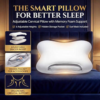 Low-Profile Cervical Memory Foam Pillow for Side & Back Sleepers, Ergonomic Neck Support, Cool-Touch Cover, Gentle Contour Design, Thin Zip Spacer Pouch & Sleep Eye Mask Included