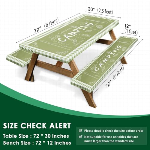 Picnic Table Cover with Bench Covers Elastic Edges, Green Camper Fitted Table Cover, Outdoor Patio Camping Essentials 72 Inch 3PCS, Waterproof Camping Fitted Tablecloth with Drawstring Bag - color: Green, size: 72in