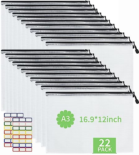 Vuzvuv 22Pcs A3 Size-16.9"x 12" Large Mesh Zipper Pouch with Label Sticker, Plastic Document Mesh Bag for File Board Game School Office Home Travel Storage（43cm30cm） - color: Black White-a3