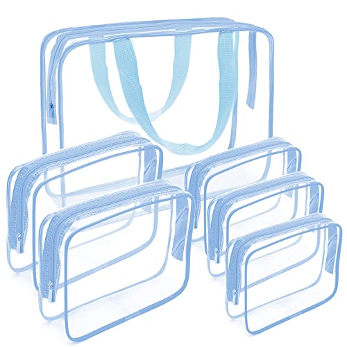 APREUTY Clear Makeup Bags, TSA Approved 6 Pcs Cosmetic Makeup Bags Set Clear PVC with Zipper Handle Portable Travel Luggage Pouch Airport Airline Vacation Organization (Haze Blue) - color: Haze Blue-6PCS (Large+Medium+Small)