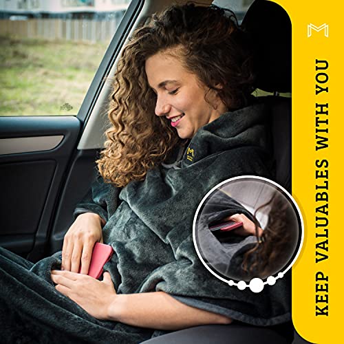 Travel Blanket Airplane Compact with Hoodie – 2in1 Airplane Travel Accessories from Plane Blanket to Travel Pillow with Luggage Strap, Soft Handle & Secure Pocket - color: Grey, size: 62x41''