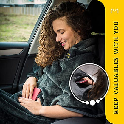 Travel Blanket Airplane Compact with Hoodie – 2in1 Airplane Travel Accessories from Plane Blanket to Travel Pillow with Luggage Strap, Soft Handle & Secure Pocket - color: Grey, size: 62x41''