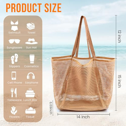 HOHOM Beach Bags for Women, Summer Travel Mesh Tote Bag with Large Inner Pocket, Sandproof Woven Shoulder Handbag - color: Tan