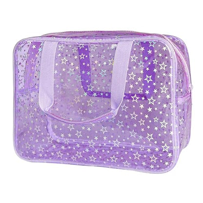 Clear Star Large Cosmetic Bag and Travel Pouch with Handle,Durable Material,Zipper Design-Ideal for Makeup,Travel Essentials (Purple+Shiny Star) - color: Purple+Shiny Star