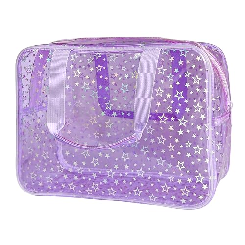 Clear Star Large Cosmetic Bag and Travel Pouch with Handle,Durable Material,Zipper Design-Ideal for Makeup,Travel Essentials (Purple+Shiny Star) - color: Purple+Shiny Star