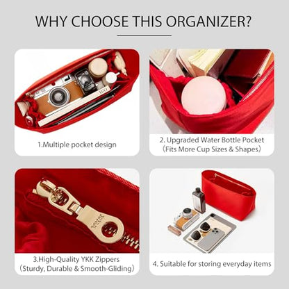 Soft Nylon Purse Organizer Insert for Lv Neverfull MM Tote Bag, Waterproof Lightweight Luxury Neverfull MM Organizer Red, Handbags Divider Inner Shaper with Cup Holder & Zipper Pocket - color: Red
