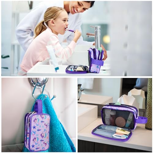 Kids Toiletry Bag for Girls, Travel Toiletry Bag for Little Young Girls Cosmetic Bag Makeup Bag Waterproof Hanging Wash Bag Toddler Toiletries, Mermaid Purple - color: Mermaid-Purple