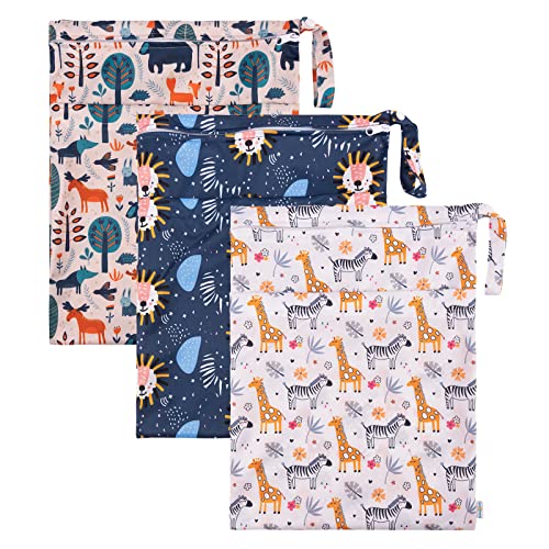 babygoal Wet Dry Bags for Baby Cloth Diapers, Washable Travel Bags, Beach, Pool, Gym Bag for Swimsuits & Wet Clothes with Two Zippered Pockets 3 Pack, 3LN25 - color: Giraff and bear
