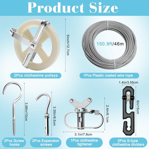 Outdoor Clothesline Kit, 150.9FT Heavy Duty Plastic Coated Wire Rope, Includes 2 Durable Pulleys, 2 S-Type Dividers, 1 Tightener, 2 Screw Hooks & 2 Expansion Screws